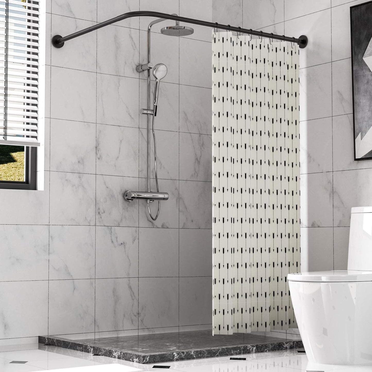 Stretchable 304 Stainless L Shaped Bathroom Bathtub Corner Shower Curtain Rod Rack (Black 24"-69" x 24"-85", Maximum size 114''), Drill Free Install, for Bathroom,Clothing Store,Private space