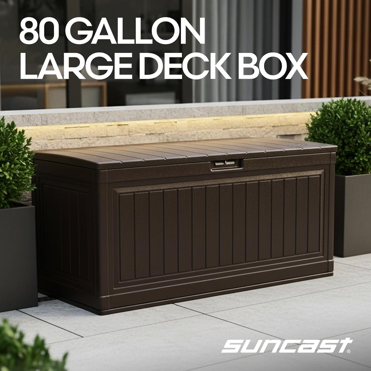 Suncast 80-Gal. Waterproof Resin Large Outdoor Patio Deck Box with Pad-Lockable Lid, Modern Outdoor Patio Bench/Storage Box for Cushions, Garden Tools, and More, Java