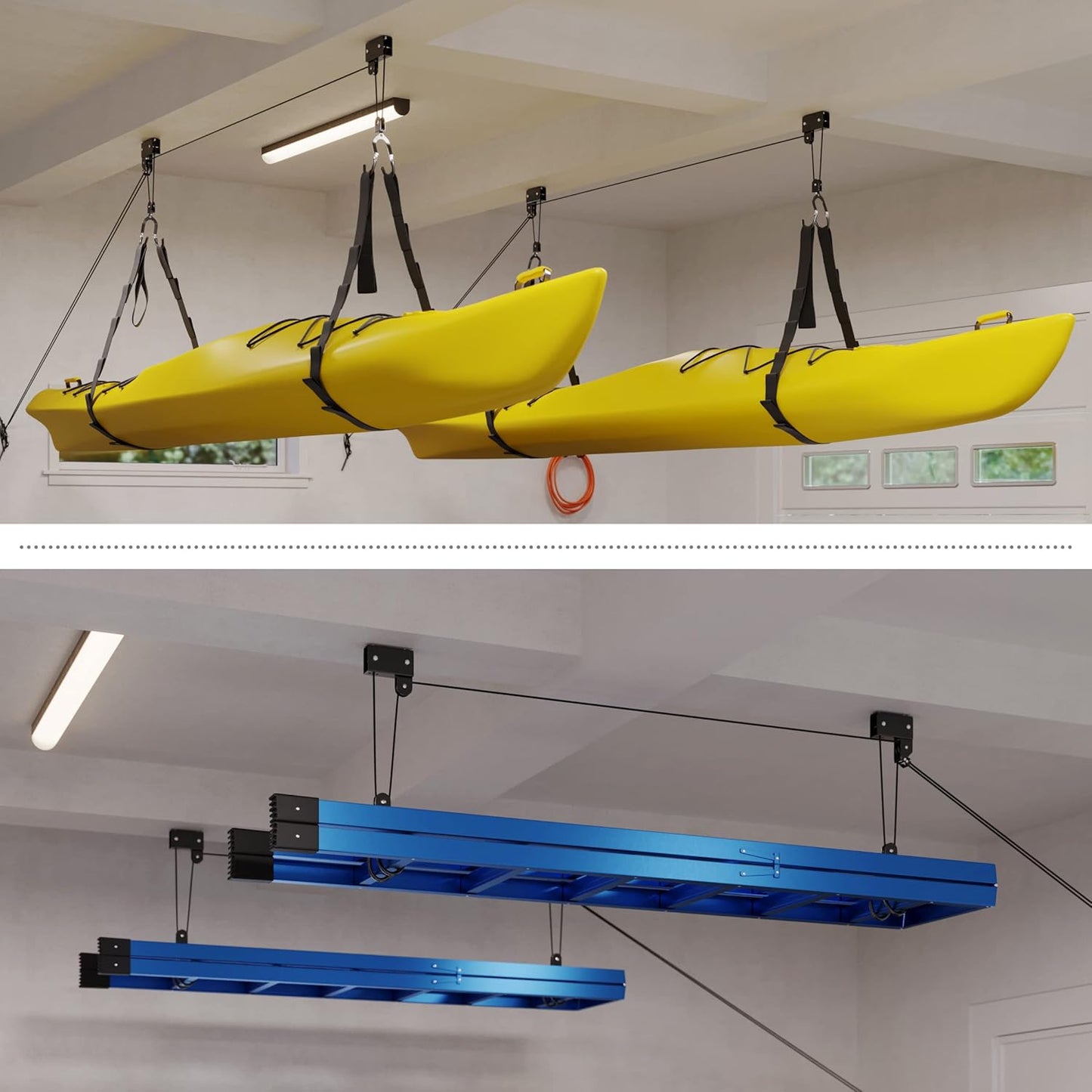 RAD Sportz Kayak Storage Hoists - Overhead Pulley Hoist Systems with 125lb Capacity Each for Canoes, Bikes, Ladders, and More