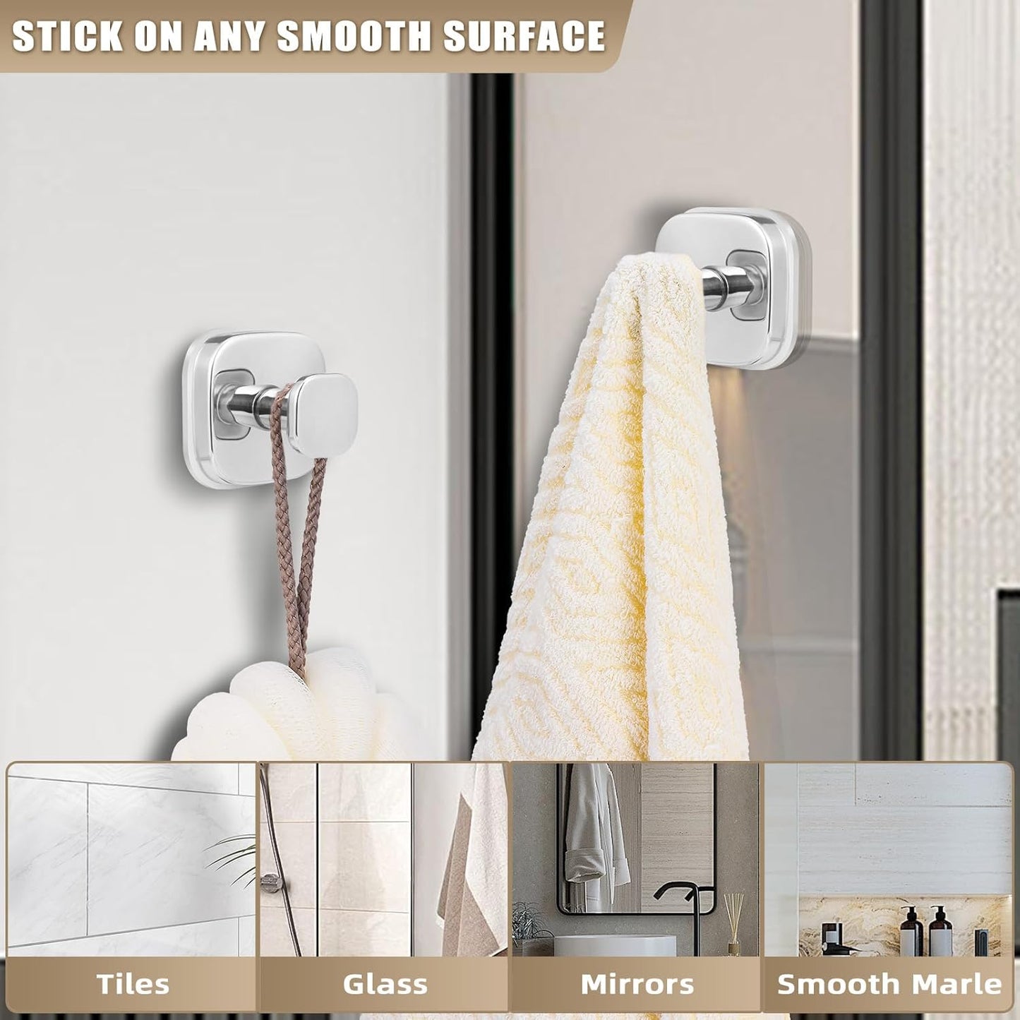 No-Drill Reusable Suction Cup Hooks, Towel, Robe, Loofah, Coat Hook for Glass, Mirror, Tile, Shower, Bathroom, Kitchen & Metal (Smooth, Non-Porous Surfaces) (2, Chrome Polished)