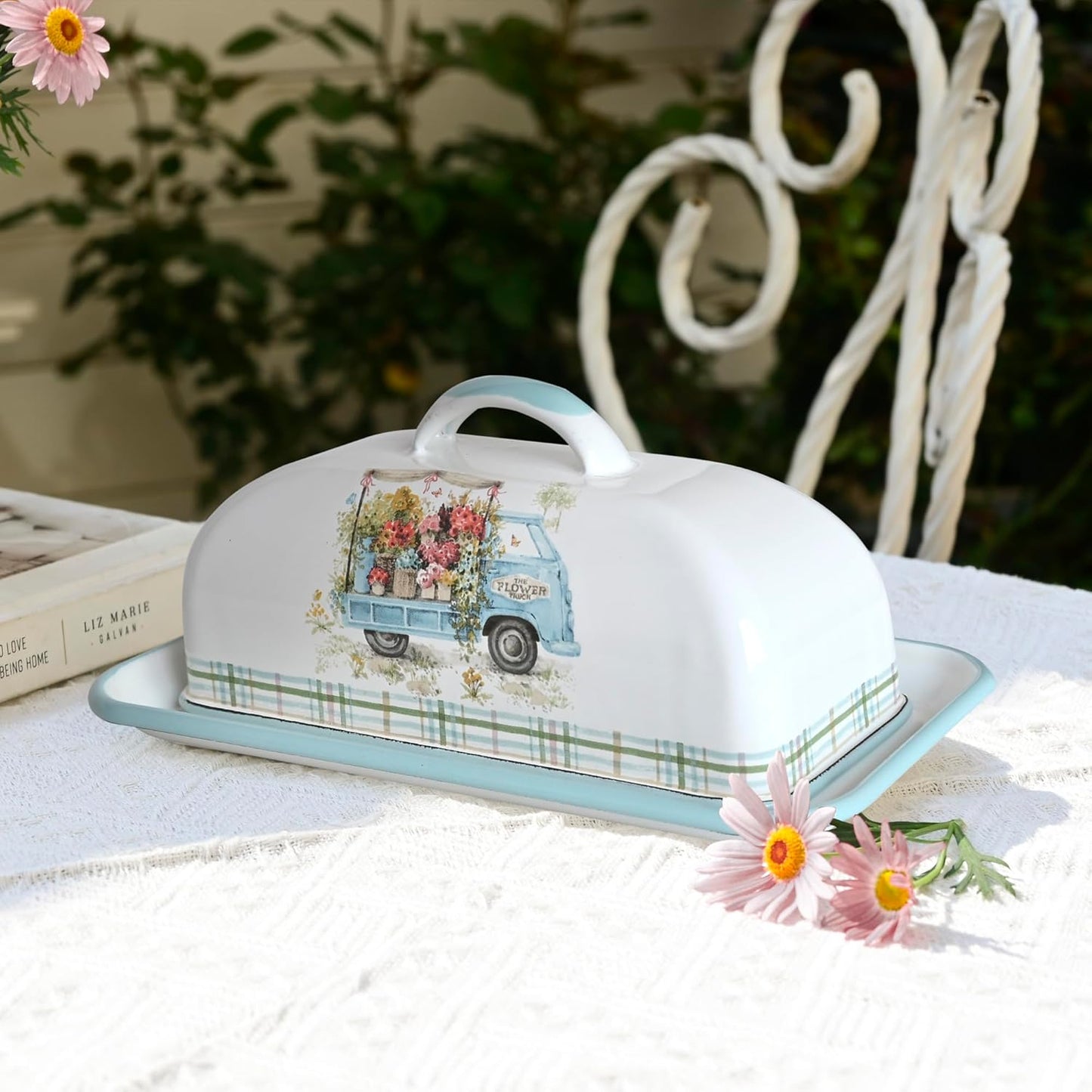 Enamel Butter Dish with Lid Vintage Enamelware Butter Keeper with Flower and Bird Patterns Farmhouse Butter Container Butter holder for Countertop Kitchen Decor (Lightblue)