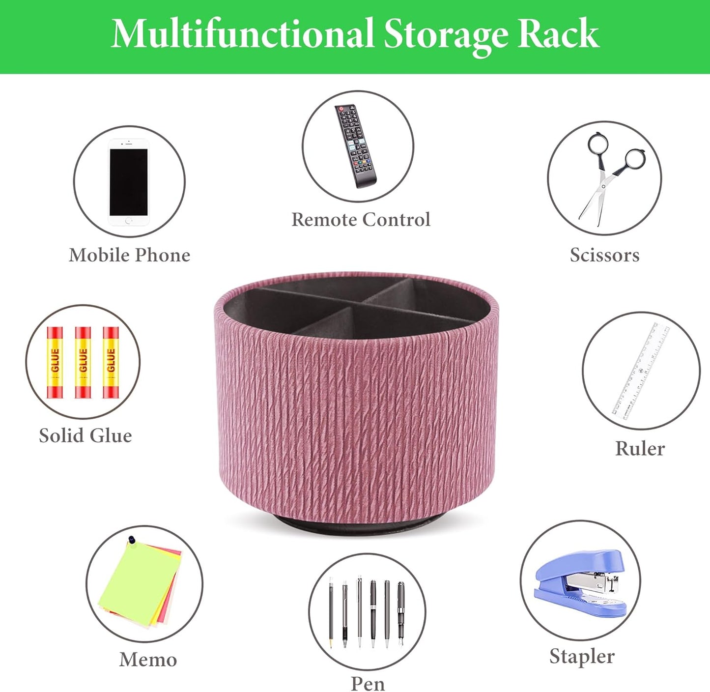 Round Leather Art Supply Organizer,Remote Control Holder,360 Degree Spinning,Multi-Functional Pencil Holder,4 Compartments Desktop Stationary Organizer(1-Wood Pink)