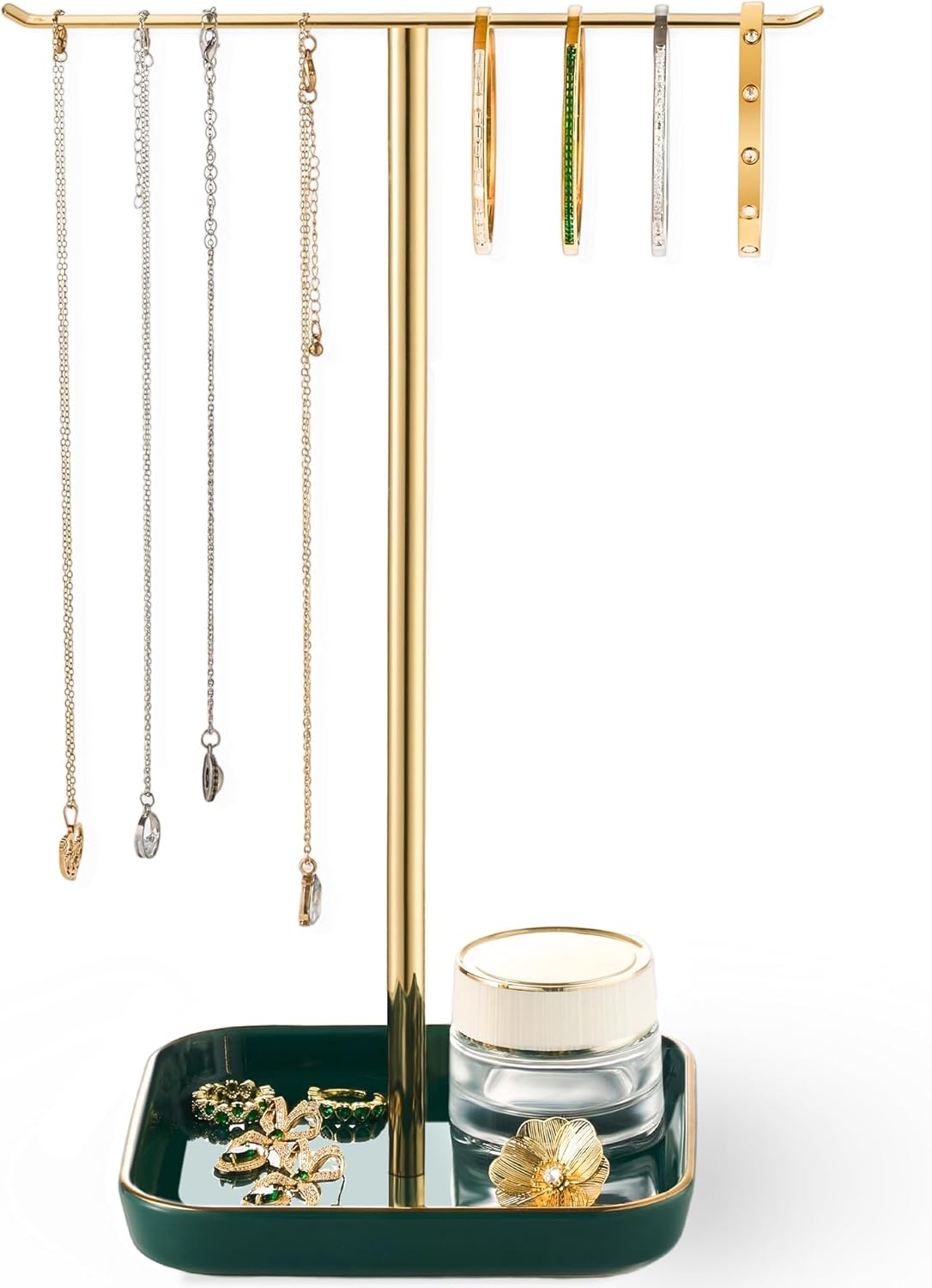 Jewelry Holder Stand with Ceramic Base: 12" Tall Necklace Organizer Rack, Tree Design Display Storage for Necklaces, Bracelets, Rings, Earrings, Aesthetic Room Décor for Girls and Women, Green