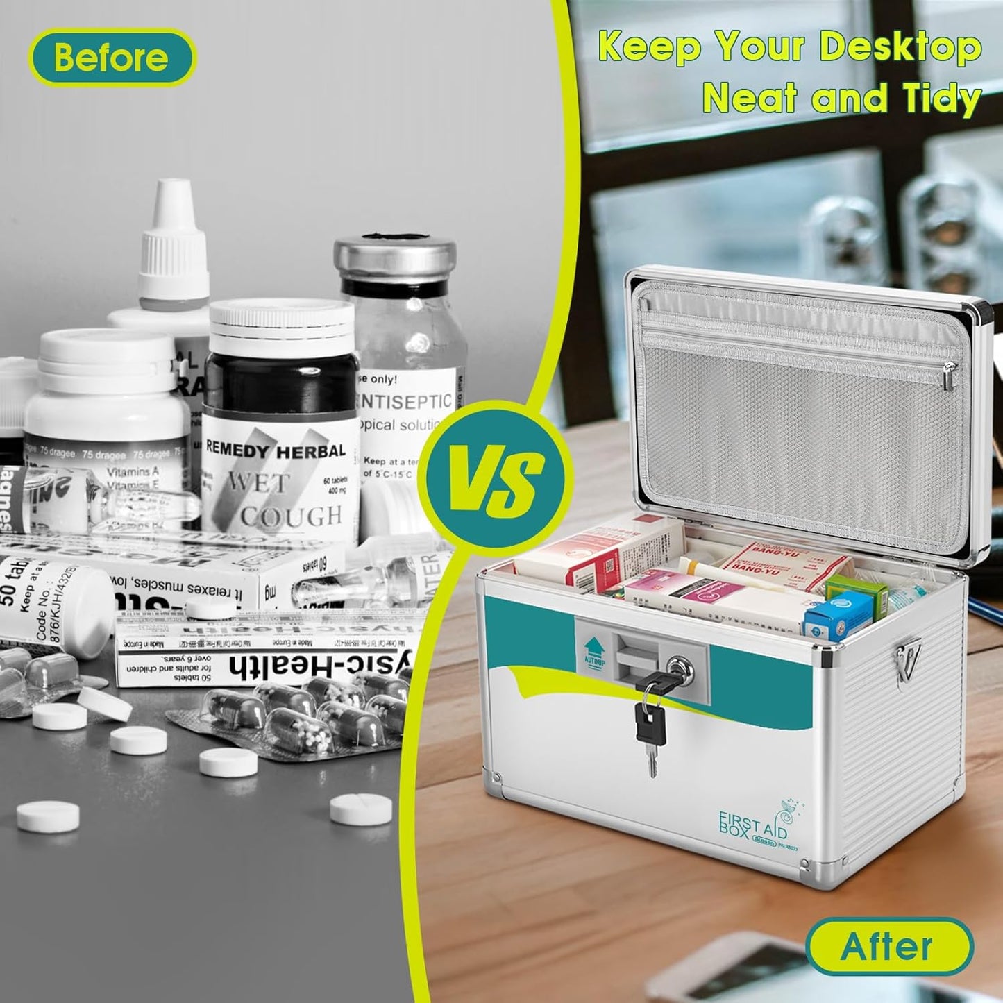 Glosen Medicine Lock Box,locking medicine box, Security Lock Boxes【Extra Large 16inch 16 x 9.25 x 7.5 Inch with removable storage pocket】 lock box, First Aid Key Safe Box for Medication