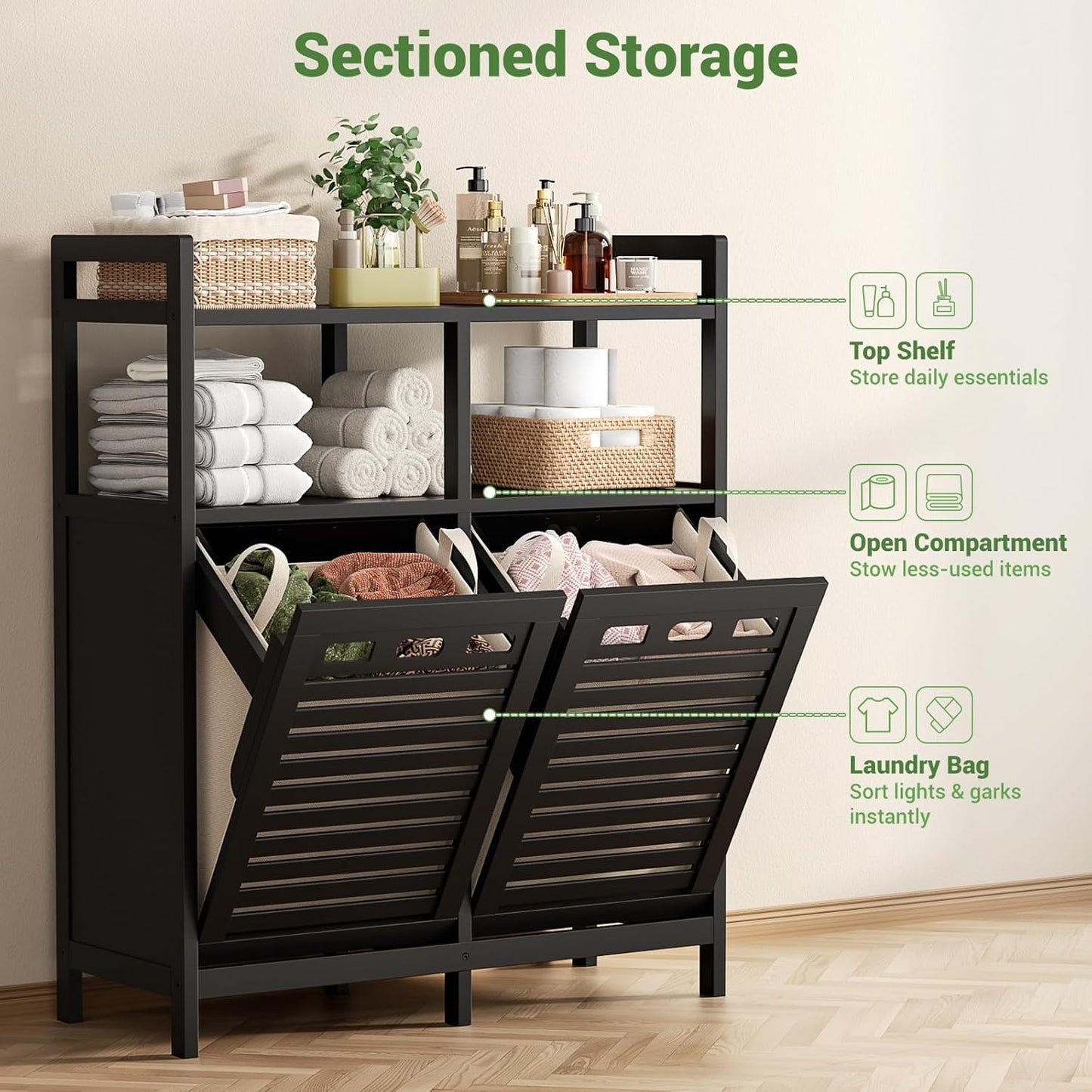 Homykic Tilt Out Laundry Hamper Cabinet, Bamboo Double Laundry Hamper with 2 Removable Laundry Baskets, 20 Gal Laundry Sorter Organizer with Shelf for Dirty Clothes, Bathroom, Laundry Room, Black