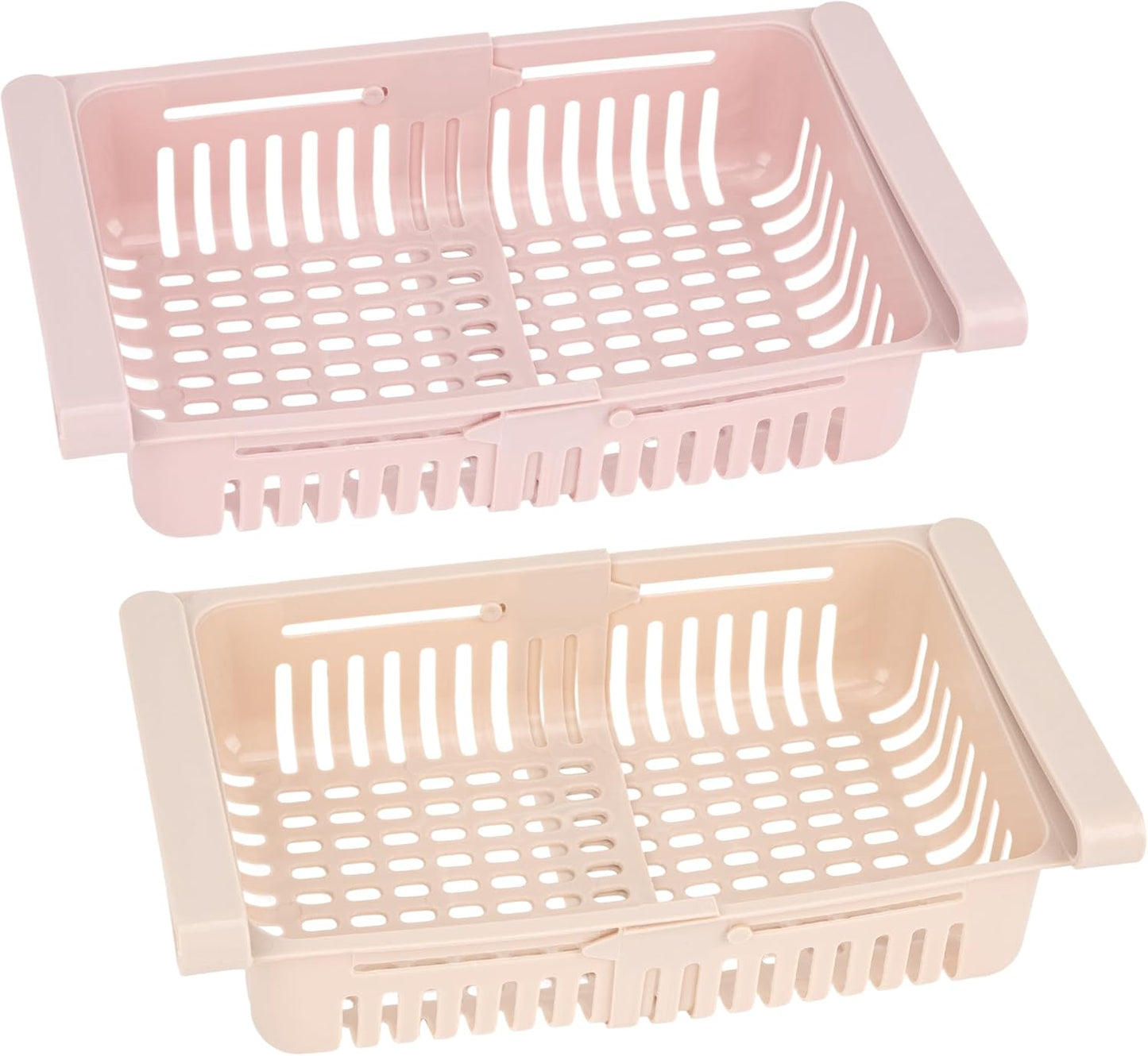 Refrigerator Drawer Organizer 2 Packs Retractable Drawer Refrigerator Storage Box, Unique Design Pull Out Storage Box, Sliding Shelves Refrigerators Hanging Organizer(Pink Khaki)