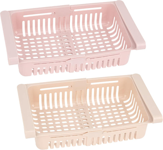 Refrigerator Drawer Organizer 2 Packs Retractable Drawer Refrigerator Storage Box, Unique Design Pull Out Storage Box, Sliding Shelves Refrigerators Hanging Organizer(Pink Khaki)