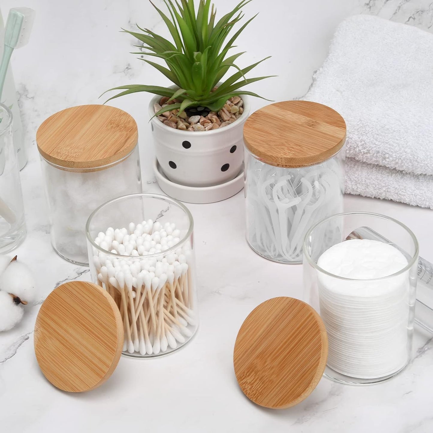 4 Pack Glass Qtip Holder Dispenser Set - Apothecary Jars with Lids for Vanity Makeup Organizer - Bathroom Canister Storage Organizer for Cotton Ball,Swab,Round Pads,Floss