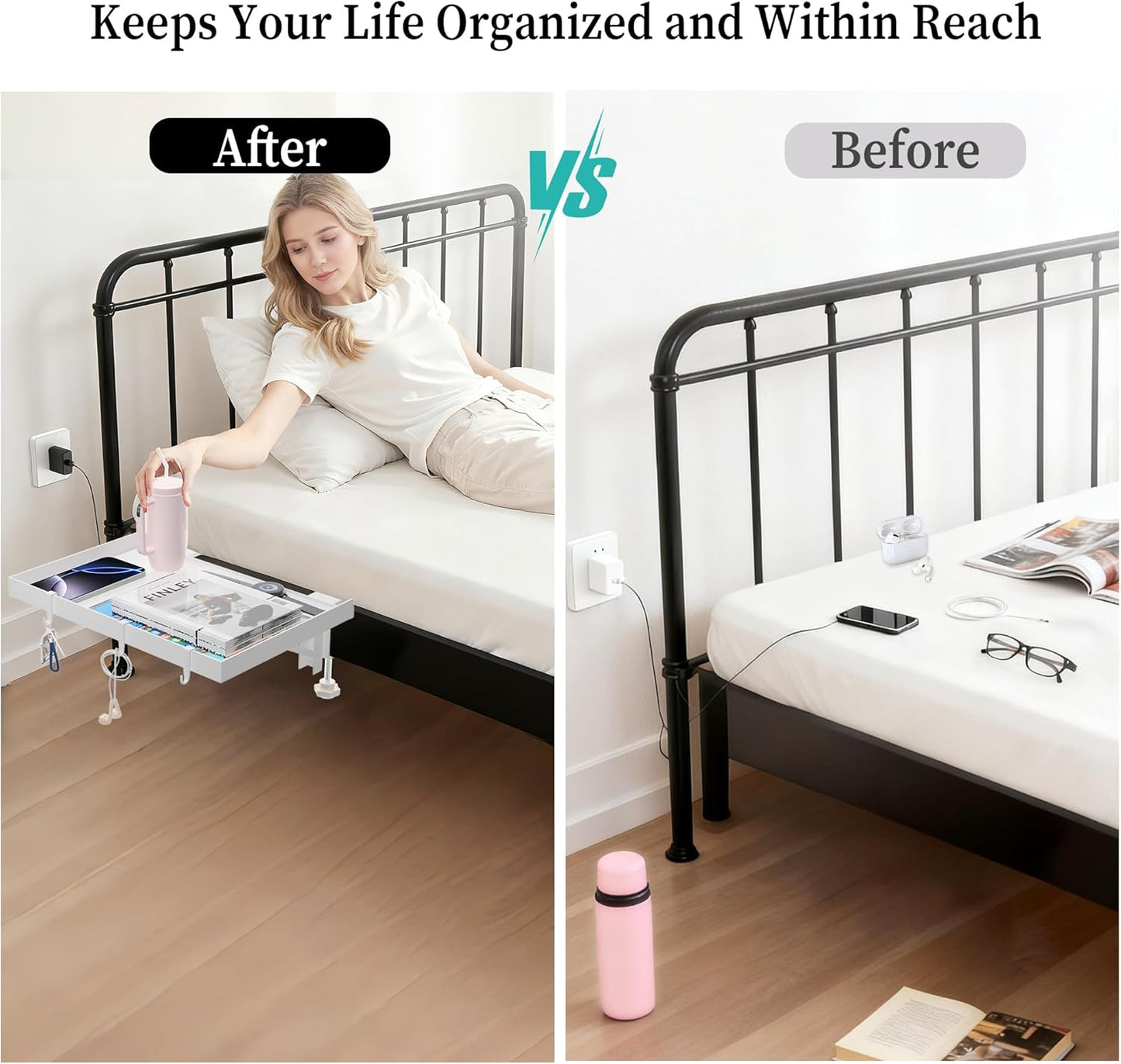 Foldable Bedside Shelf, Metal Clip-On Bed Tray Table for Bunk Bed & Dorm Beds, Dorm Room Essentials Organizer for College Students, Floating Tray, Space Saving Nightstand for Loft Beds (White, Large)