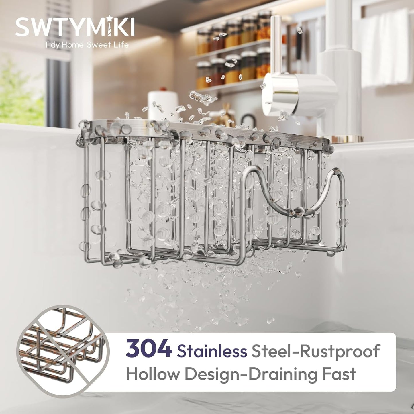 SWTYMIKI Sponge Holder for Kitchen Sink - Movable Kitchen Sink Caddy with M Shape Hook Stainless Steel Hanging Sponges Caddy Organizer in Double Bowl Sinks Depth>3.15in, Middle divider<1.5in, Silver L