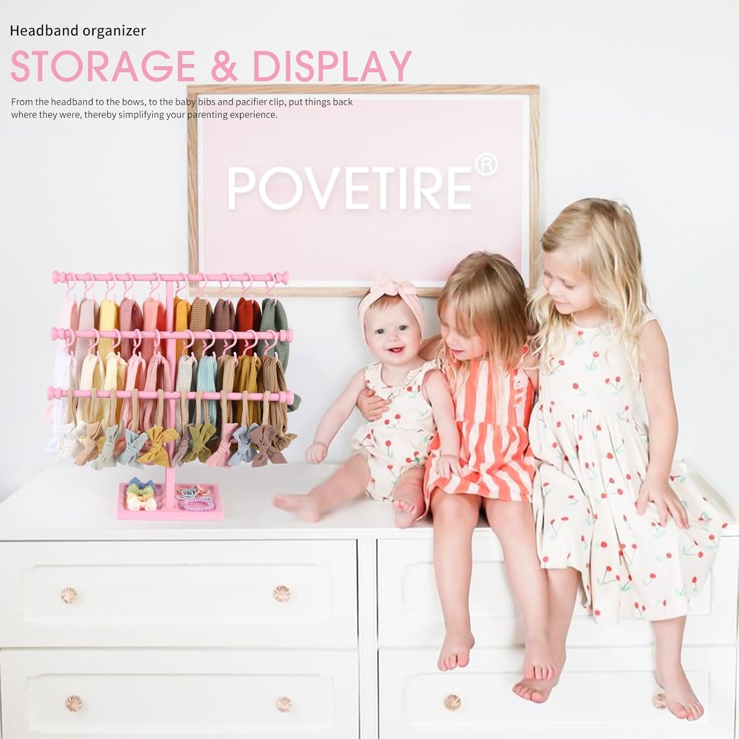 POVETIRE Headband Holder Stand Storage for Baby, 3 Tier Wooden Bow Organizer for Girls Hair Bows, Infant Hair Accessories Rack Display for Nursery Decor