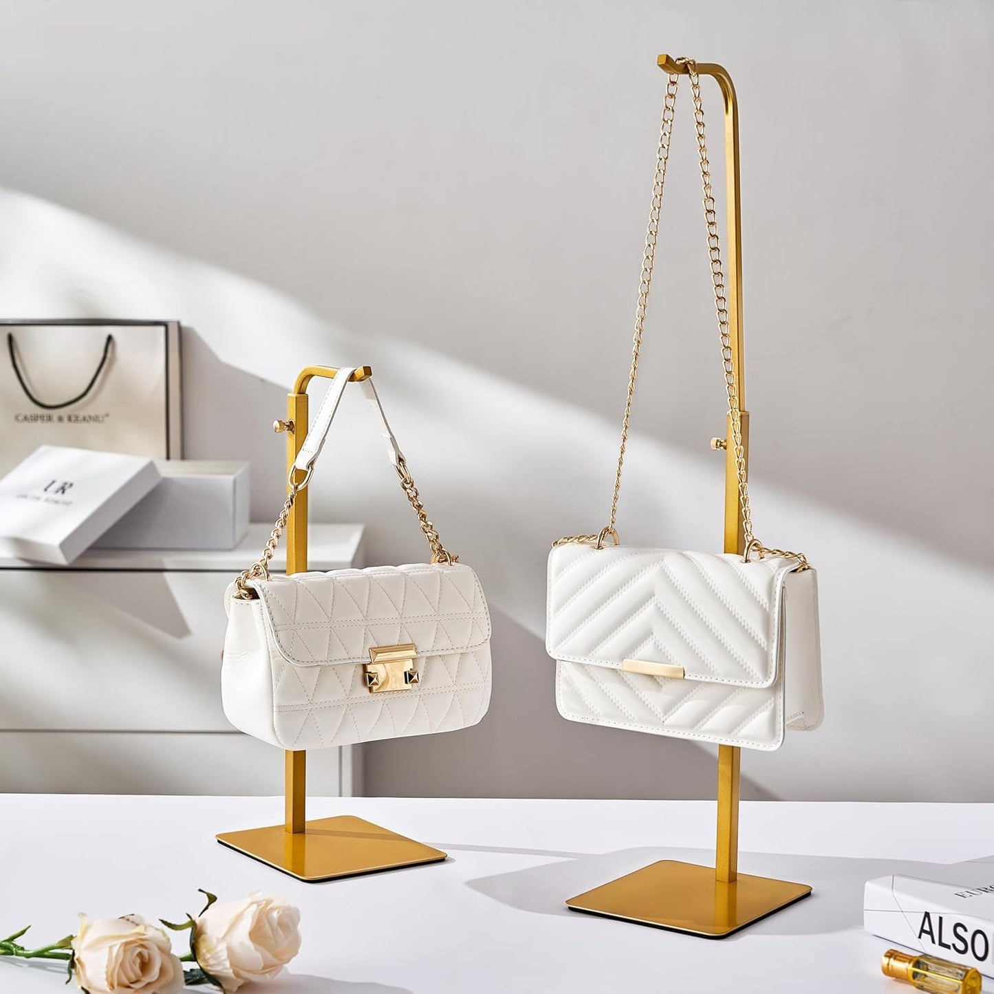 3 Pack Purse Holder Handbag Display Stand: Gold Hanger Rack for Bags, Purses, and Wreath, Adjustable Hook Stand for Tabletop, Closet, and Retail Use for Vendors
