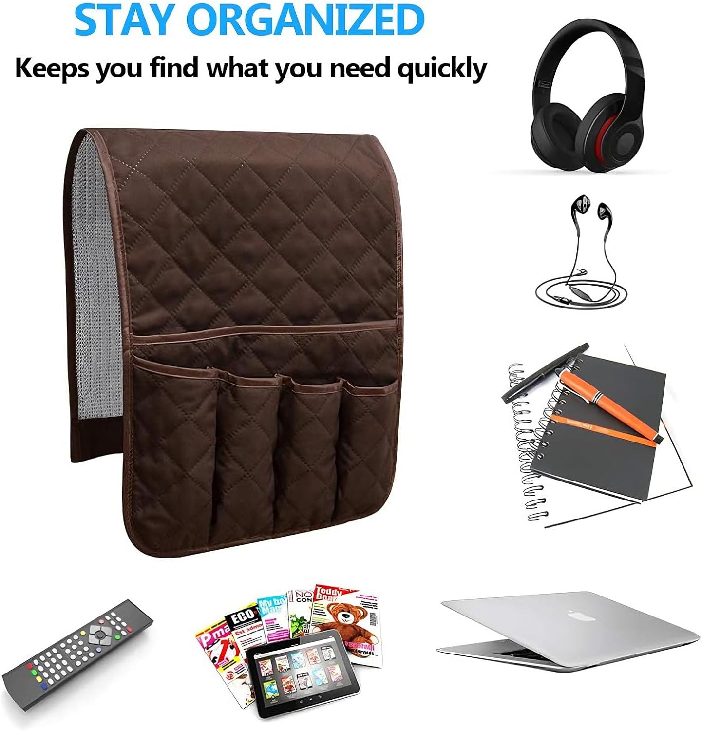 Sofa Armrest Organizer Non-Slip Arm Chair Bedside Storage Caddy Organizer Armchair Caddy for Recliner Couch Remote Holder with 5 Pockets for Cell Phone TV Remote Control Magazines (Coffee)