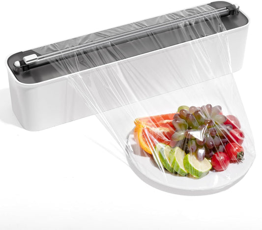 Aluminum Foil & Plastic Wrap Dispenser with Cutter - Magnetic & No-Drill Wall Mount, Cling Film Dispenser for Countertops & Cabinets, Space-Saving Kitchen Organizer - Fits 300 m Rolls, Black