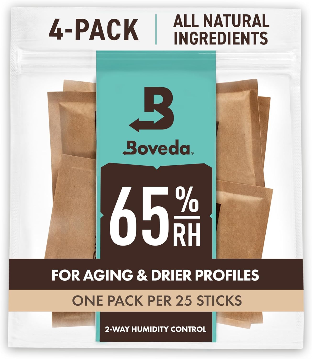 Boveda 65% Two-Way Humidity Control Packs For Aging & Long-Term Storage in Plastic & Wood Boxes – Size 60 – 4 Pack – Moisture Absorbers – Humidifier Packs – Hydration Packets in Resealable Bag