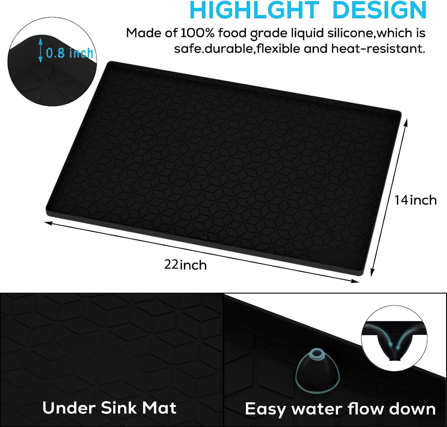 Under Sink Mat, 14"x22" Under Sink Mats for Kitchen, Silicone Waterproof Under Sink Liner, Sink Cabinet Organizer Tray with Drain Hole