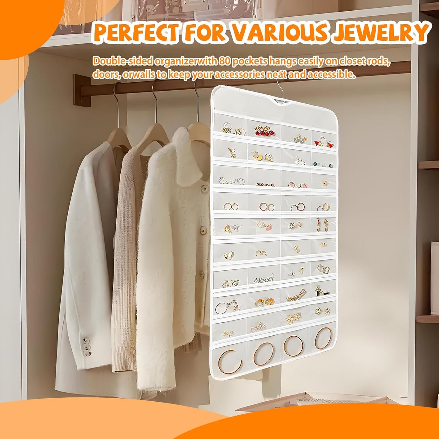 80 Pockets Hanging Jewelry Organizer, Double-Sided White Closet Jewelry Holder for Space-Saving Storage of Earrings, Rings, Bracelets and Small Accessories