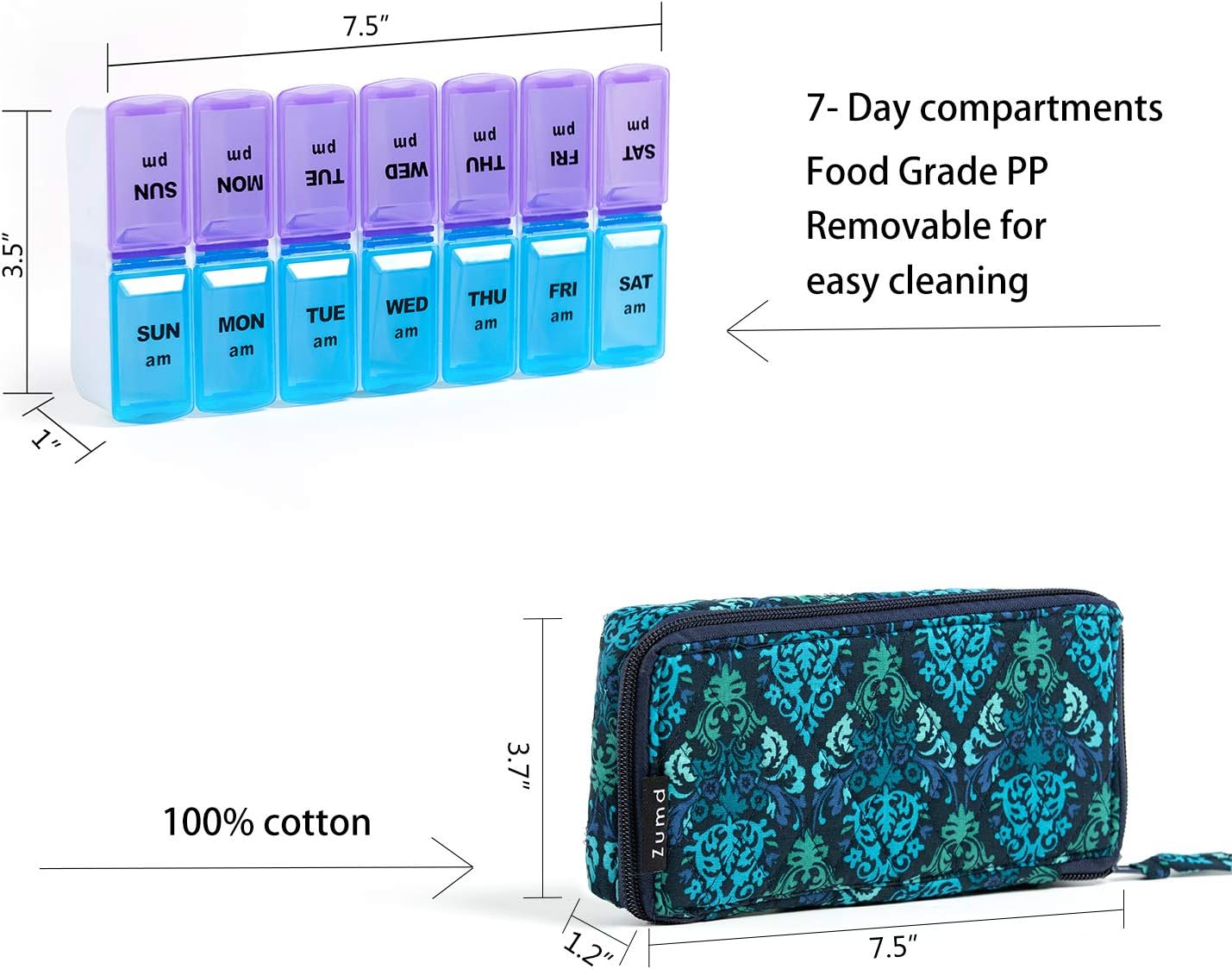 Weekly Pill Organizer 2 Times a Day, Zumd Pill Box 7 Day with Cute Quilted Fabric Zipper Case, Travel Pill Case Am Pm for Vitamin Medicine Organizer