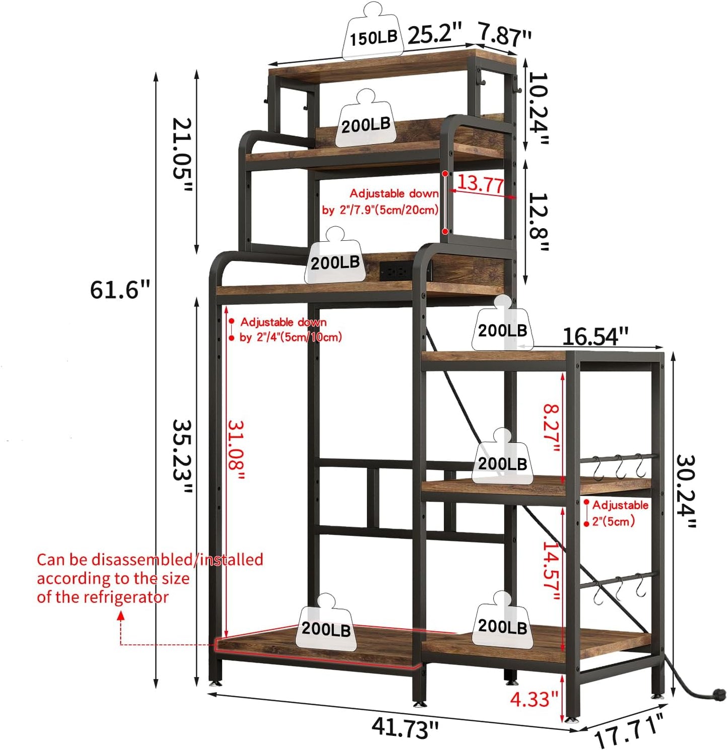 7-Tier Kitchen Storage Rack, Mini Fridge and Microwave Stand with AC/USB Outlets, Metal Frame, Walnut Brown MDF Shelves, Utility Cabinet for Kitchen, Living Room, Dorm