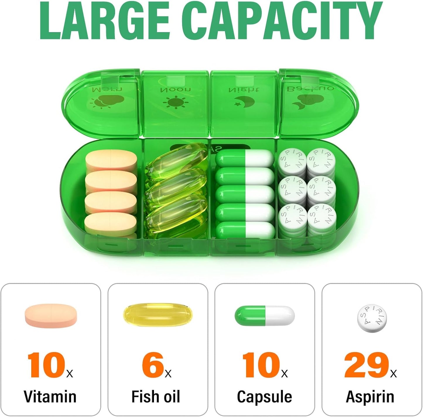 Weekly Pill Organizer 4 Times a Day, 7 Day Pill Box 4X, Portable for Travel Pill Case for Pills/Vitamin/Fish Oil/Medication/Supplements (4x7 Green)