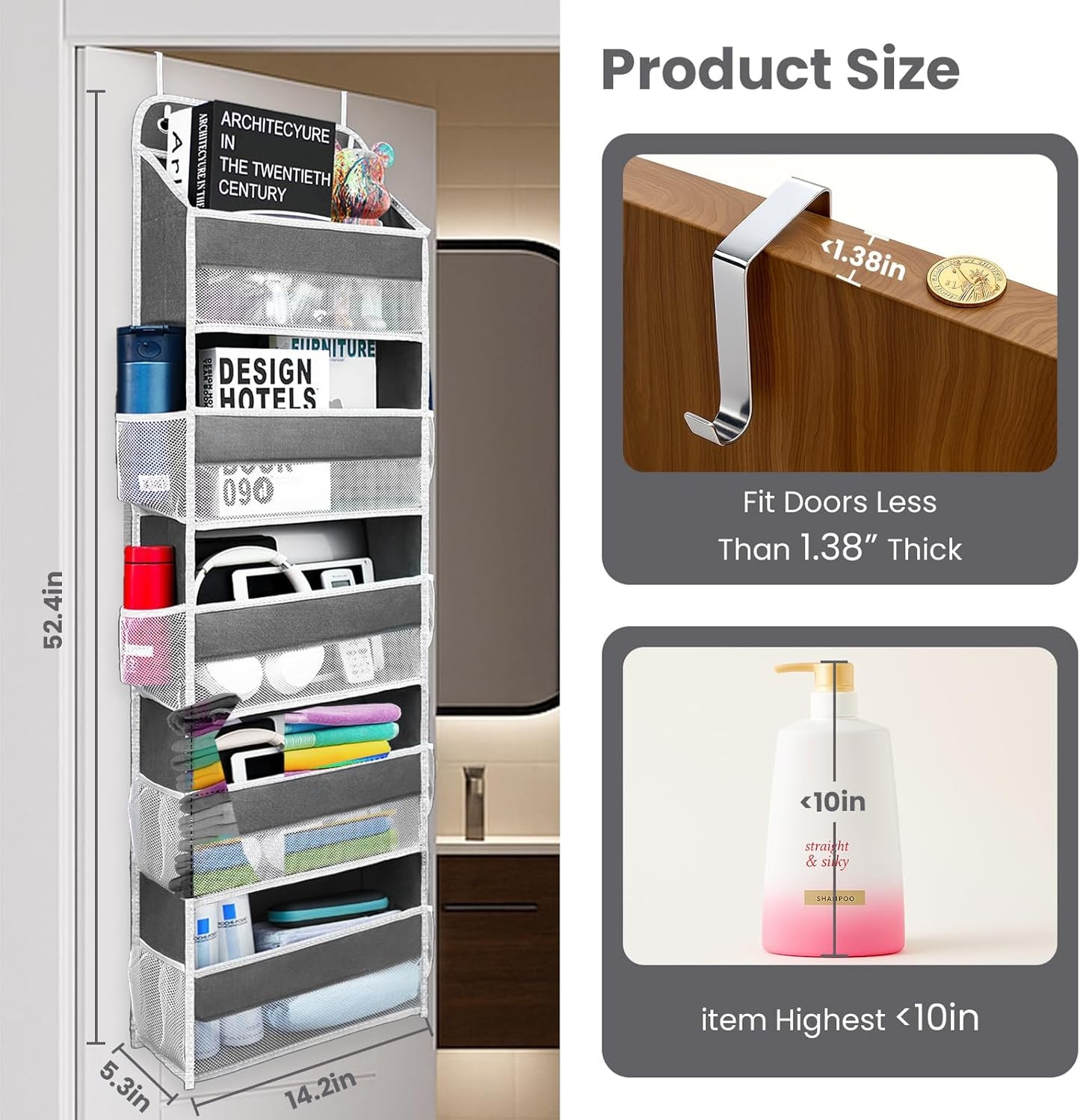Over The Door Organizer with 8 Side Mesh Pockets, 44lb Weight Capacity Hanging Behind The Door Bathroom Organizers and Storage Suitable for Storing Toys, Shoes, Towels, Dark Grey, 5 Shelf