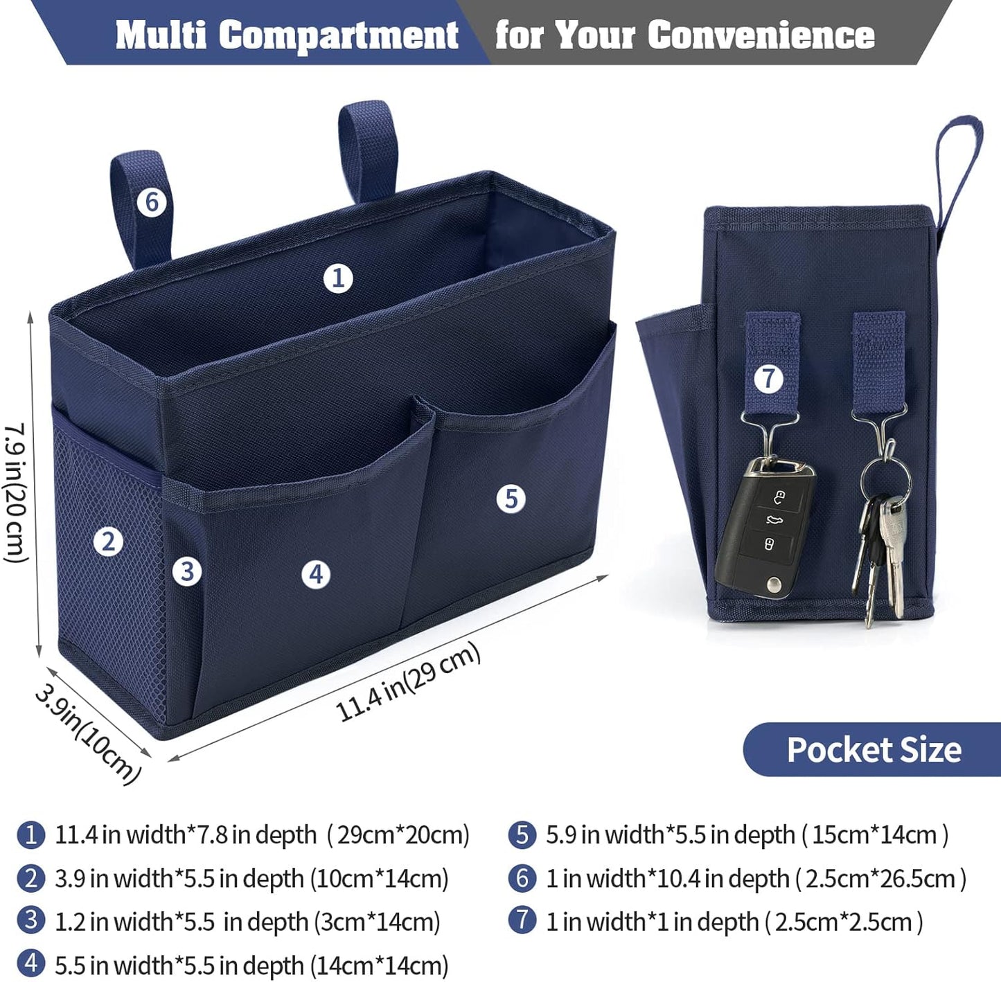 Bseash Bunk Bed Organizer, Bedside Caddy Hanging Bed Organizer Storage Bag with 4 Pockets and 2 Hooks, for College Dorm Rooms Bed, Hospital Bed, Baby Bed Rails, 600D Oxford Cloth (Navy Blue)
