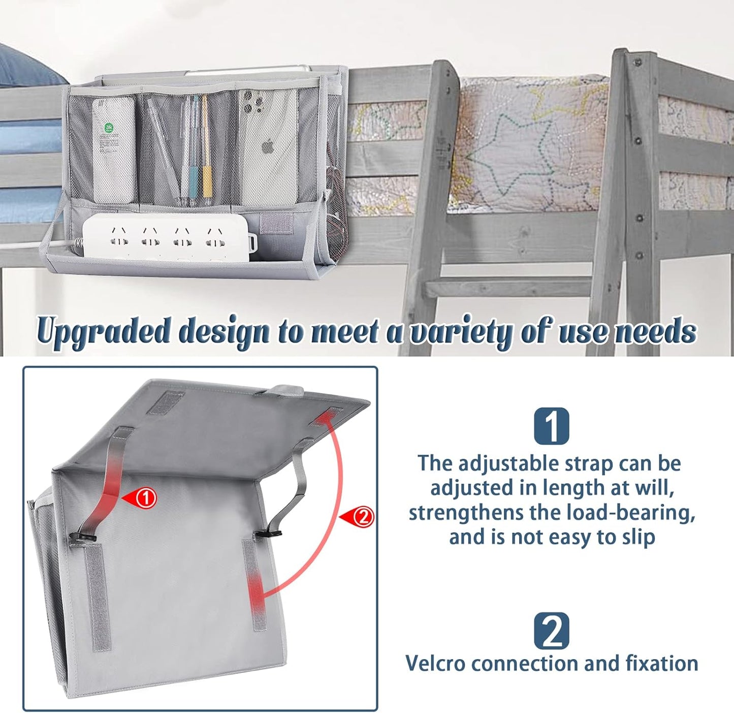 Bedside Caddy Bedside Storage Organizer Bedside Organizer with Power Strip Holder and 2 Adjustable Straps for Home Bunk Bed College Dorm Sofa (2 Pack Light Gray)