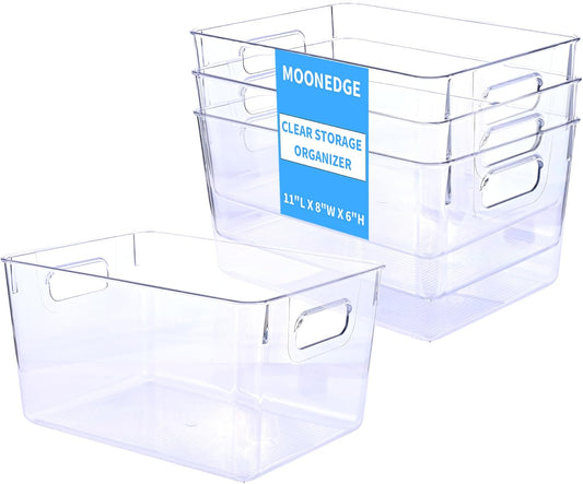 MOONEDGE 4 Pack Open Clear Plastic Storage Bins 11"x8"x6" Stackable Organizer Containers with Handle for Kitchen, Pantry, Fridge, Bathroom,Cabinet,Closet Storage