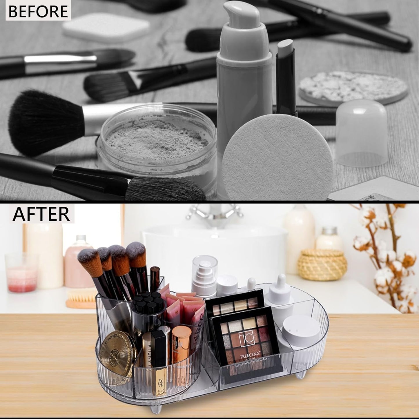 Cosmetic Makeup Storage Organizer, Countertop Makeup Perfume, Rotating Makeup Organizer for Vanity with Brush Holder, Lotions Display Case, Large Spinning Makeup Skincare Organizer (Transparent)
