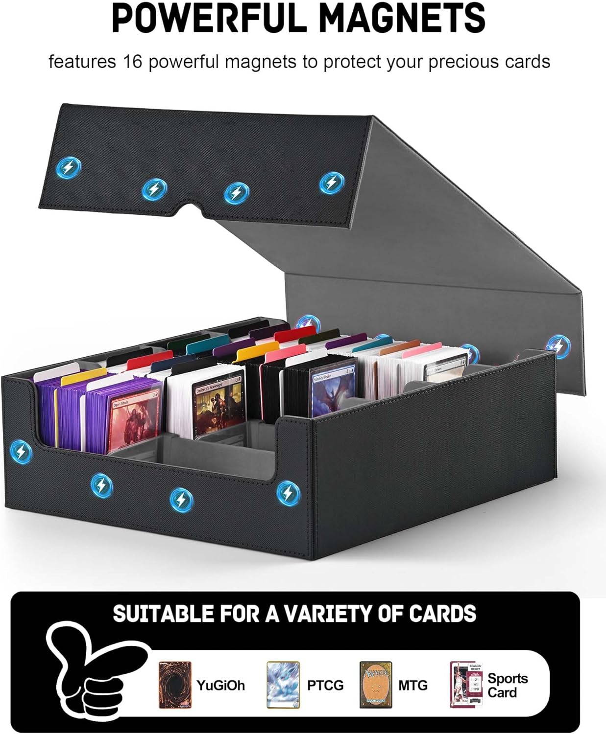 ZLCA Card Storage Box for MTG PTCG, Commander Deck Box Holds 3200+ Cards, Trading Card Storage Case with 4 Stoppers, Card Organizer for TCG Sport Cards(Black)