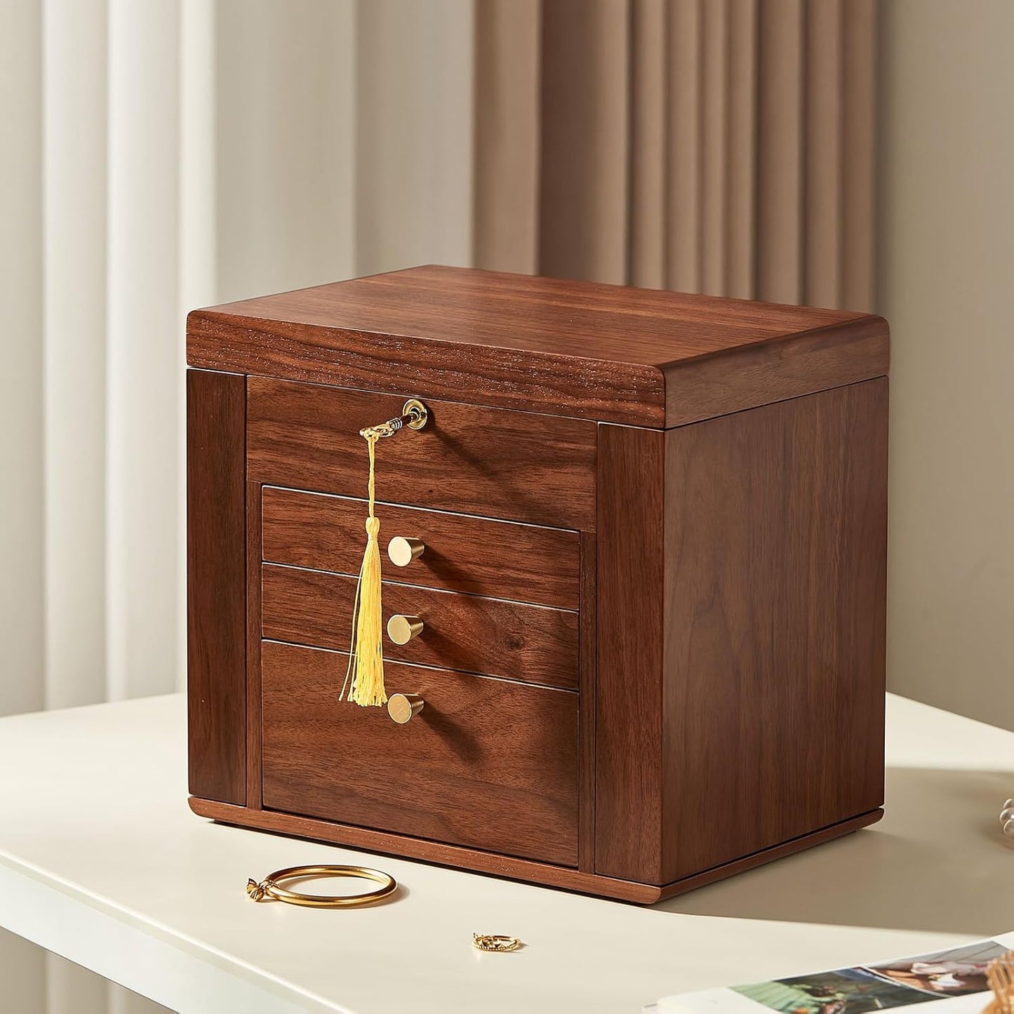 Black Walnut Wooden Jewelry Box, Wood Jewelry Organizer with 2 Side Doors Mirror Lockable Classical for Watch Necklace Ring Earring Storage Christmas Gifts-4 Layer with Curved Ring Grooves