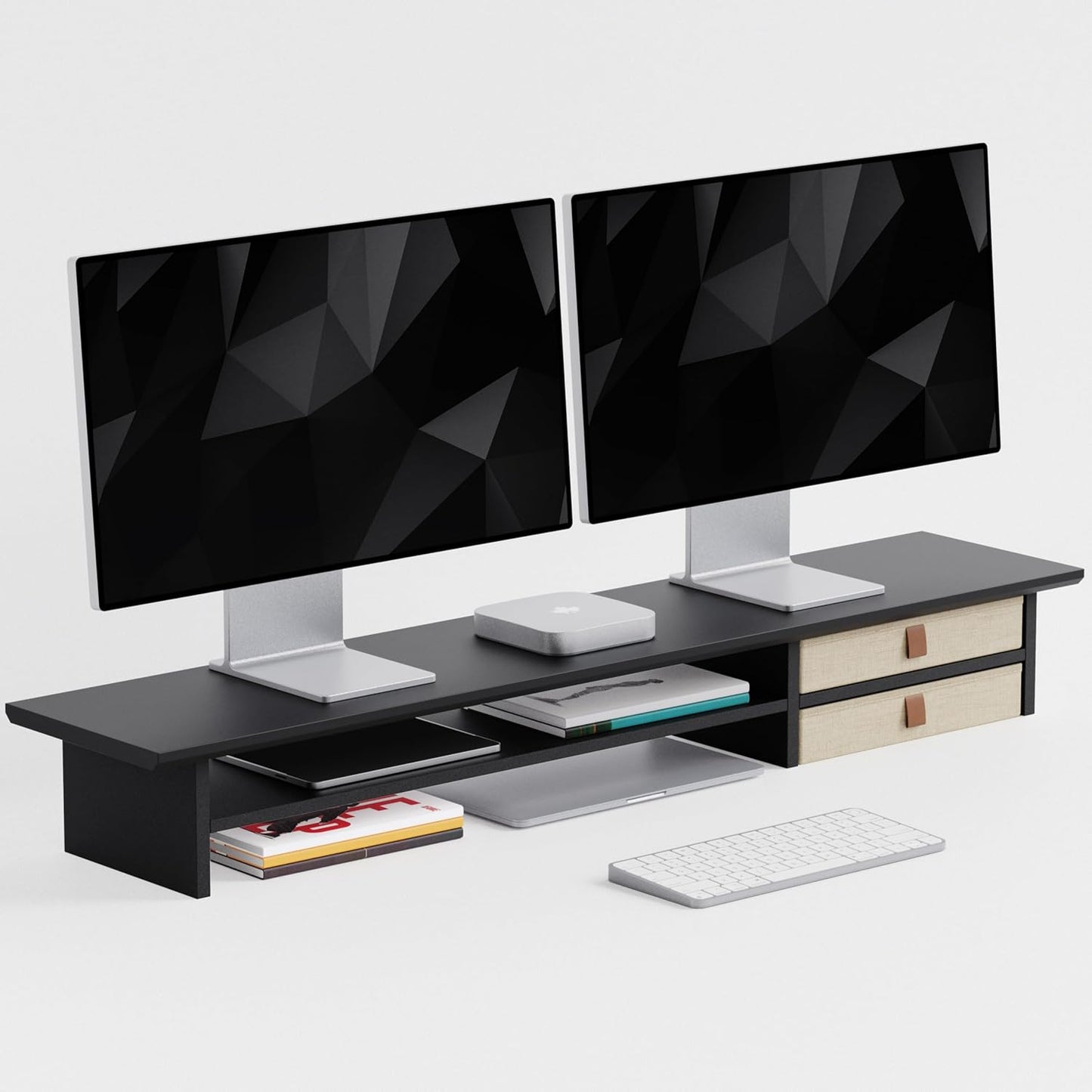 Dual‑Tier Monitor Stand Riser with Drawers, Desktop Organizer Shelf Storage for Computer Screen 2 Monitors, Supports for PC Computer Monitor, Printer, Heavy TV Riser Black