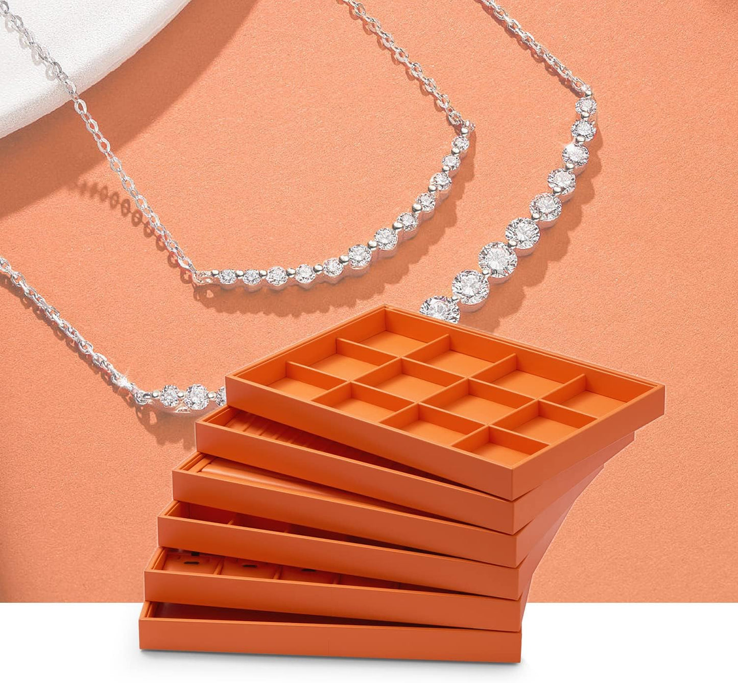Oirlv Luxury Leather Jewelry Tray Orange Stackable Jewelry Drawer Organizer Trays Bracelets Bangles Watches Storage