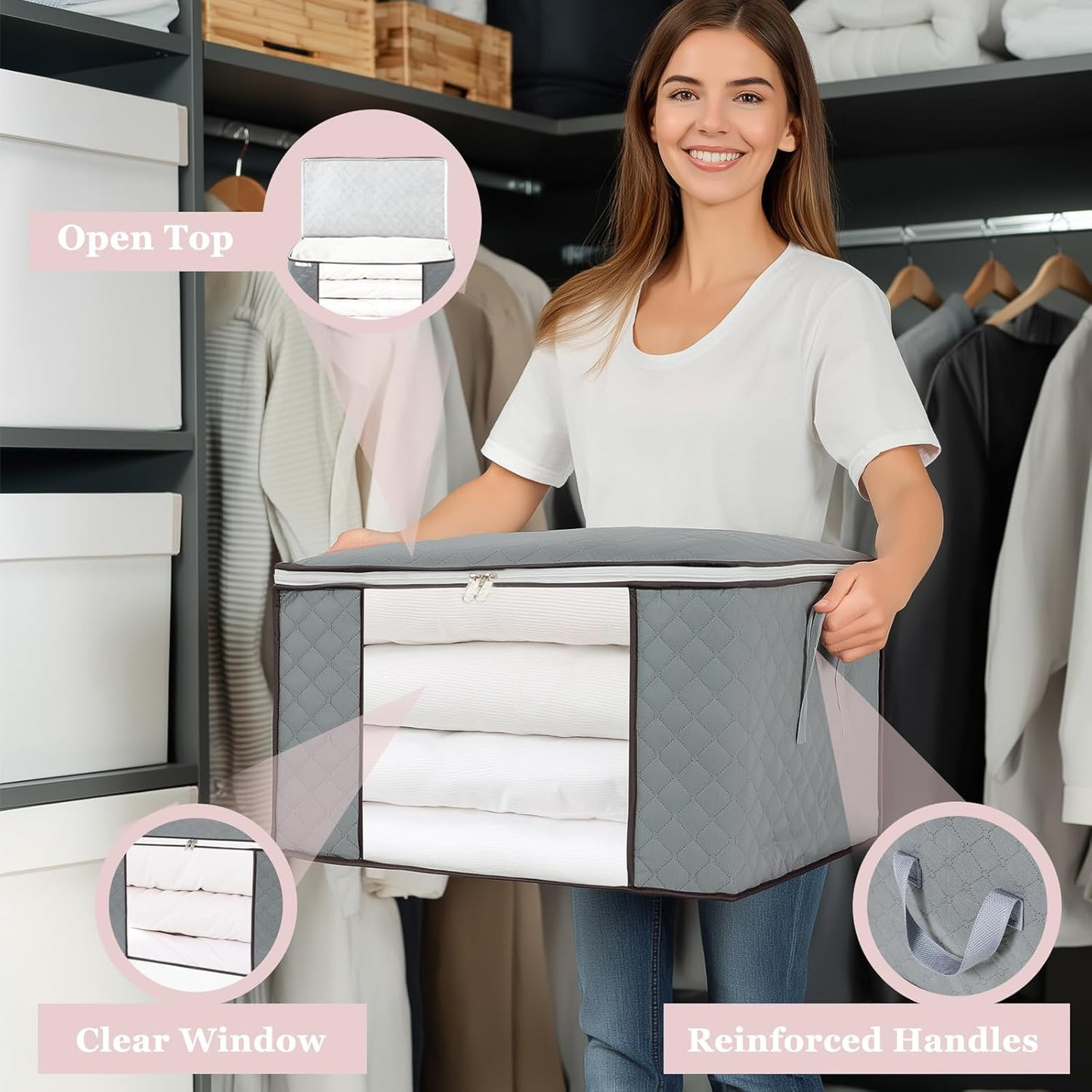 combocube Comforter Storage Bag, Zippered Bag with Large Clear Window and Carry Handles, Space Saver Organizers for Closet, Blanket, Pillow, Quilt, Bedding, Clothes (2Pcs Grey Large)