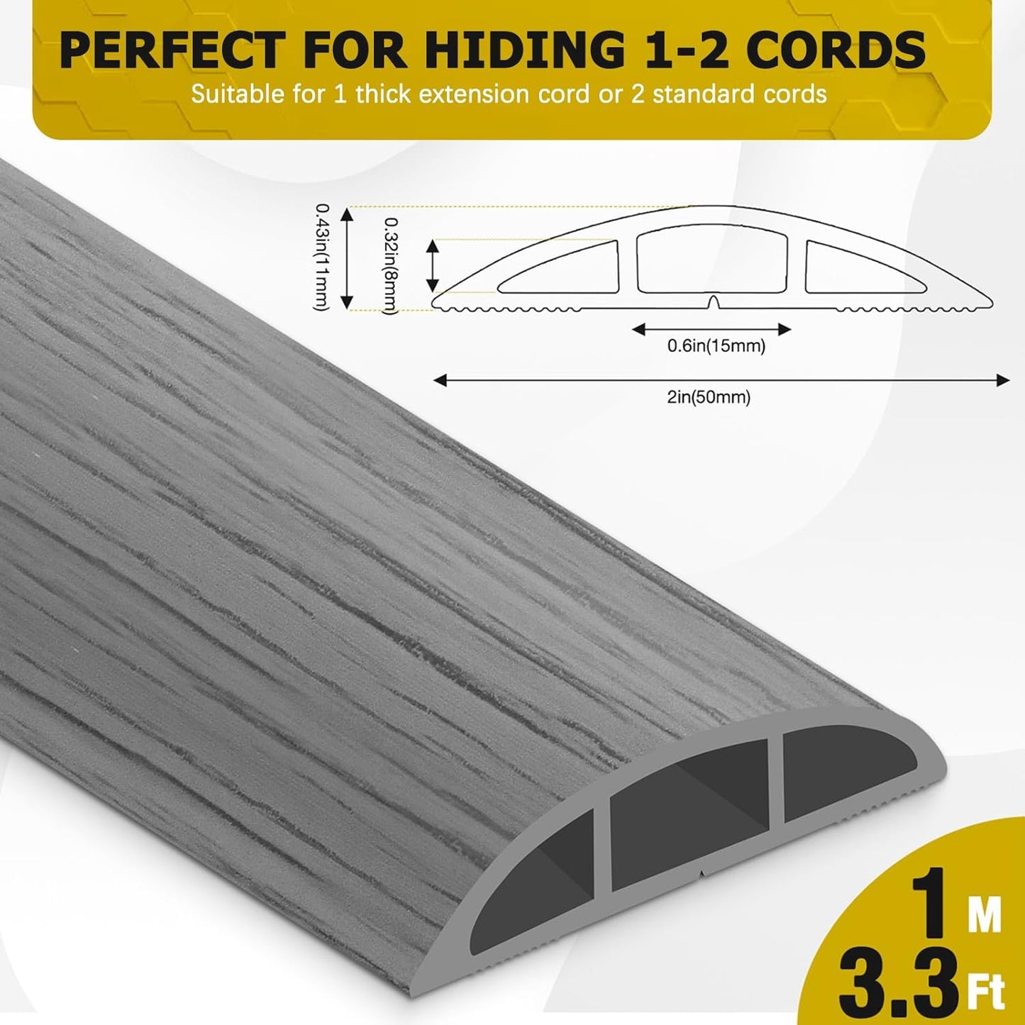 Floor Cord Cover 3.3FT Cord Covers for Wires on Floor Protect Wires & Prevent Trip Hazards, Easy to Cut for Home, Office, School, Concerts, Cavity W0.6in x H0.32in