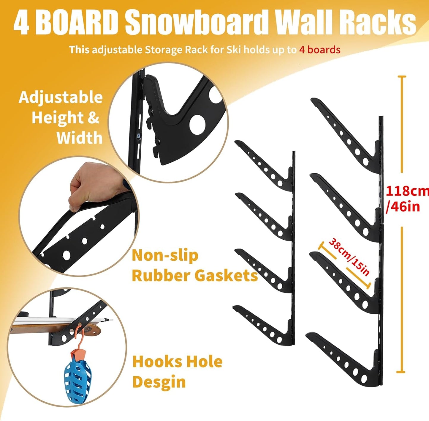 Snowboard Wall Racks, Adjustable Storage Rack for Ski, Surfboard, Wakeboard, Snowboard Wall Mount Display, White/Black