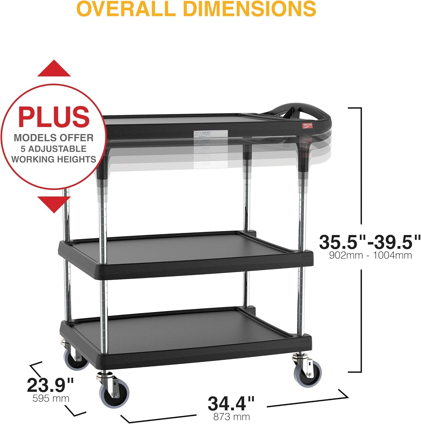 Metro myCart Plus Utility Cart - Choose-Your-Height Adjustable Heavy Duty Rolling Cart for Home, Commercial and Industrial Use - 3-Shelf, 400 lbs Capacity - 23.9" W x 34.4" L x 35.5-39.5" H - Black