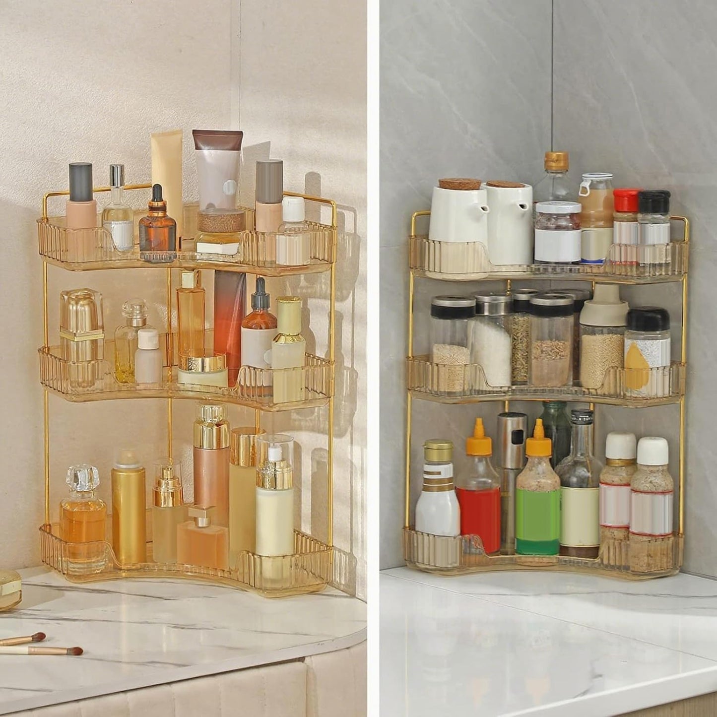 Corner Bathroom Countertop Organizer, Vanity Organizer Trays for Counter, Makeup Organizers, Perfume Tray, Skincare Shelf Storage Gifts for Women Girl Student (Yellow, 3 Tiers)
