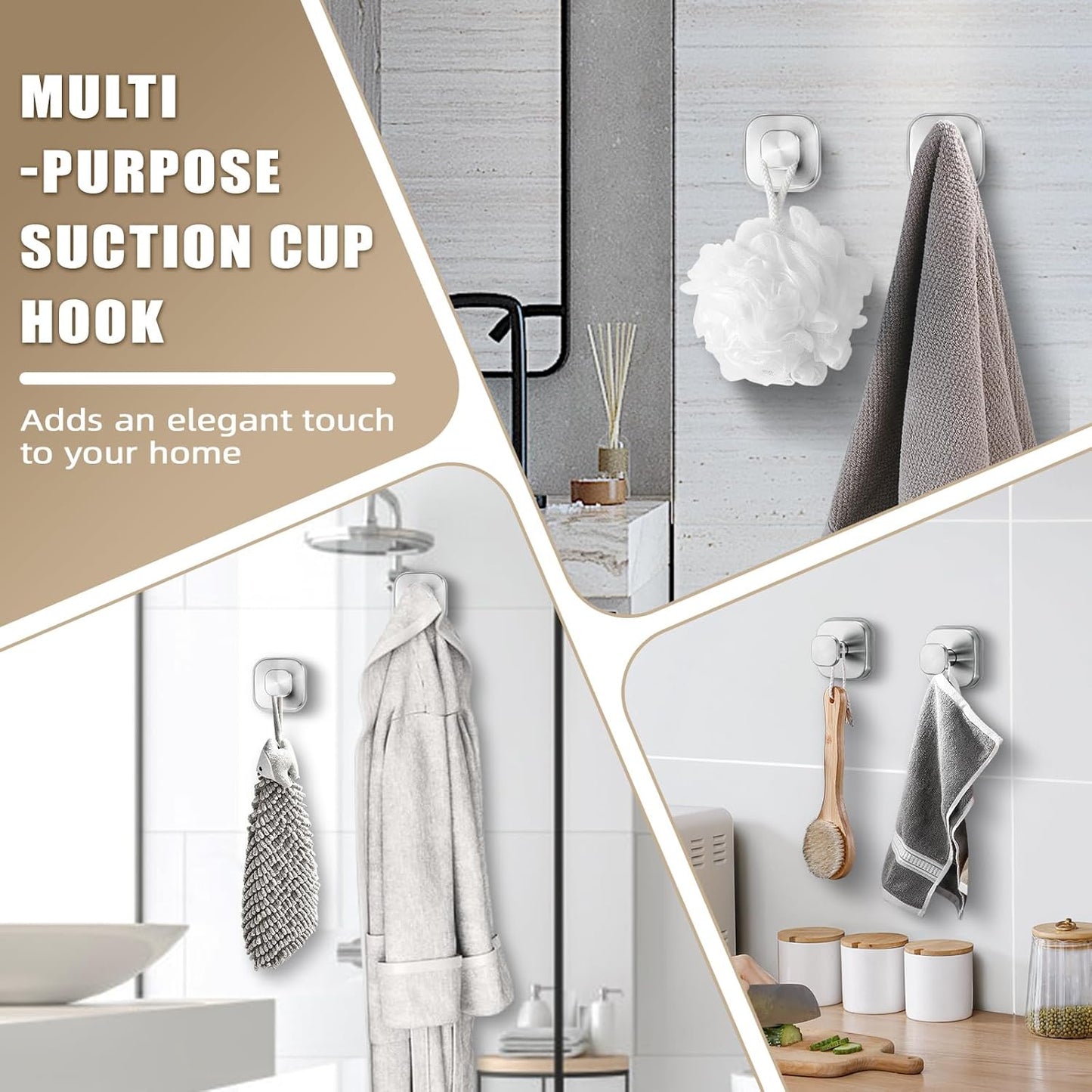 No-Drill Reusable Suction Cup Hooks, 2-Pack Brushed Nickel – Towel, Robe, Loofah, Coat Hook for Glass, Mirror, Tile, Shower, Bathroom, Kitchen & Metal (Smooth, Non-Porous Surfaces)