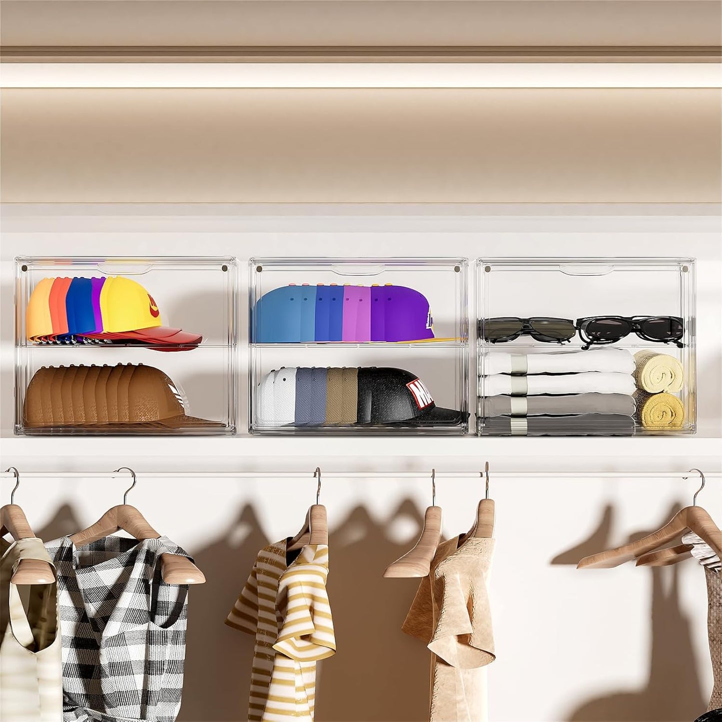 Clear Hat Box Storage, Baseball Cap Organizer for Baseball Caps, Hat Acrylic Display Case with Removable Compartment, Plastic Stackable Hats Holder Organizer Box with Magnetic Lid, 1 Pack