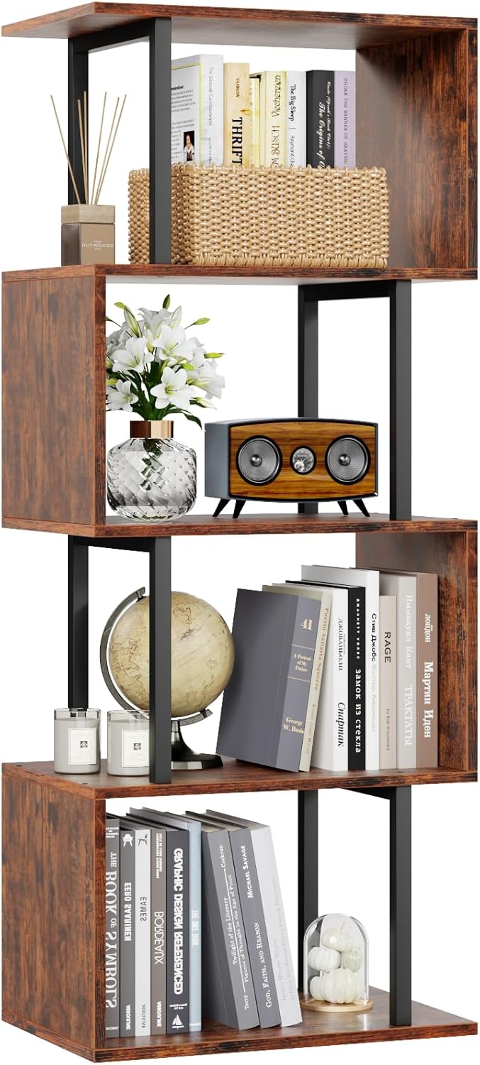 Furologee 5 Tier Bookshelf, S Shaped Geometric Bookcase, Narrow Freestanding Display Shelves, Modern Wood Decorative Storage Rack for Bedroom, Living Room, Home Office, Rustic Brown