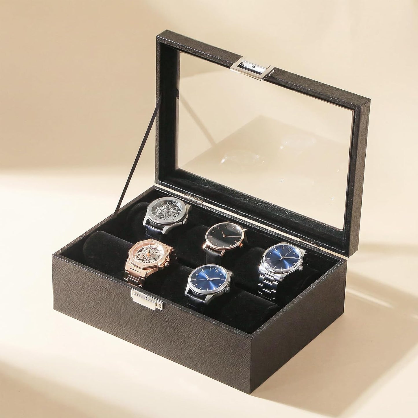 Bracelet Display Holder with Clear Lid, Jewelry Storage Organizer Box Case with Rods for Bangles, Watches, Women (Black)