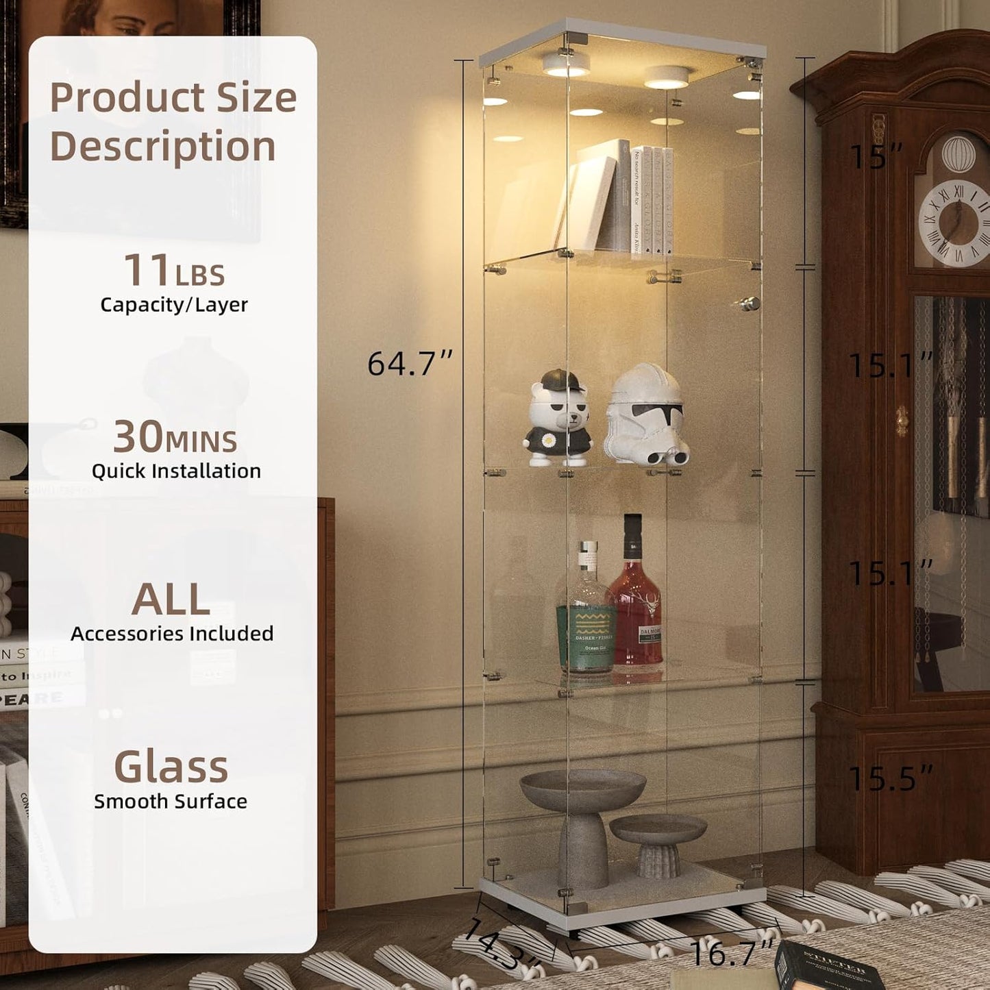 Beauty4U Glass Display Cabinet with LED Light, 4 Shelves, Curio Cabinets for Living Room, Bedroom, Office, White Floor Standing Glass Bookshelf, Quick Installation