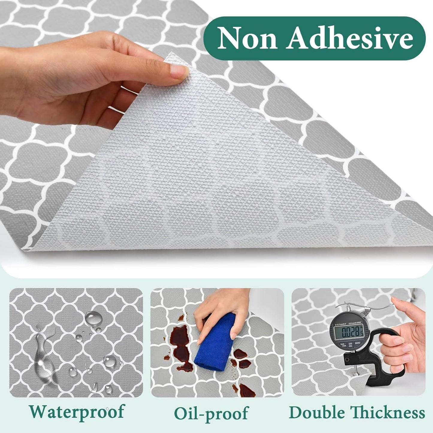 Shelf Liners for Kitchen Cabinets 17.3in x 30FT Non Adhesive Drawer Liner Gray Quatrefoil Thickened Shelf Liner Strong Non-Slip Easy to Clean for Tool Box Refrigerator with Knife and Tape Measure
