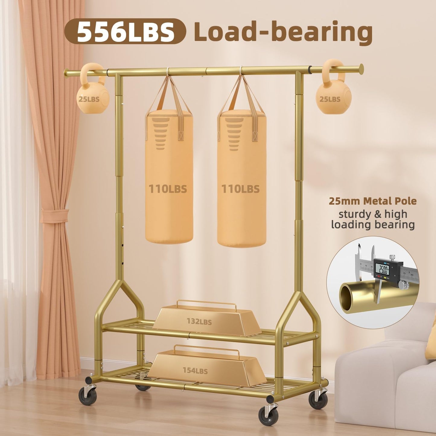 EAGMAK Heavy Duty Clothes Rack Load 556 LBS, Rolling Clothing Rack With Shelves, Height Adjustable Metal Clothes Hanger with Wheels Portable Wardrobe Organizer Garment Rod for Hanging Clothes (Gold)