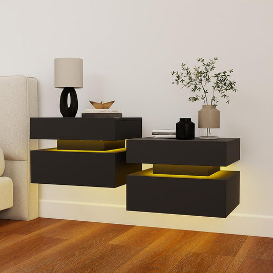 Vibe & Dine Floating Nightstand Set of 2, Wall Mounted Night Stand with Led Lights, Modern Bedside Tables with Drawers for Bedroom, Easy Assembly, Black