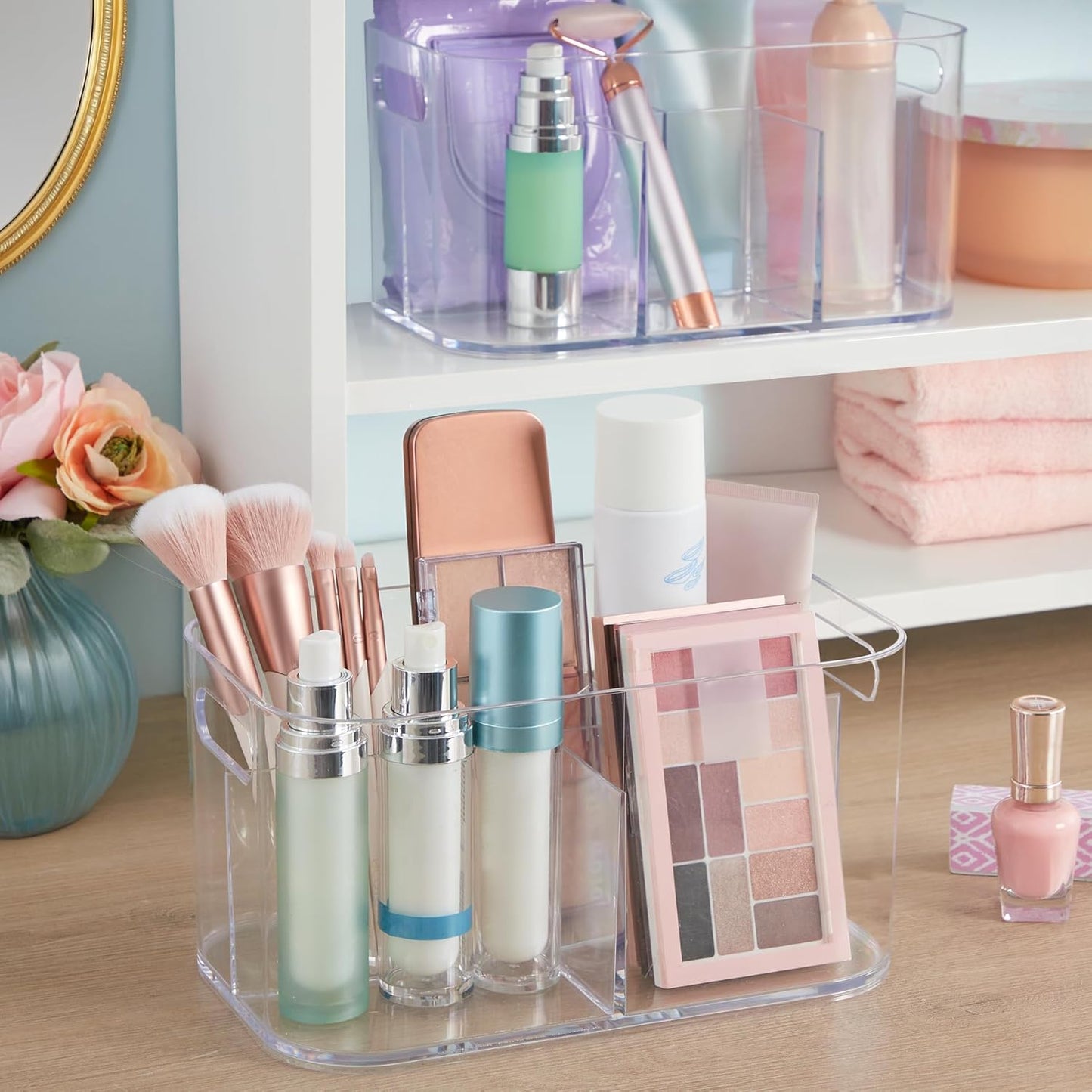 STORi Bliss 5-Compartment Plastic Cosmetics Storage Organizer | Clear | Rectangular Divided Makeup Bin & Vanity Caddy with Pass-Through Handles | Round Corner Design | Made in USA