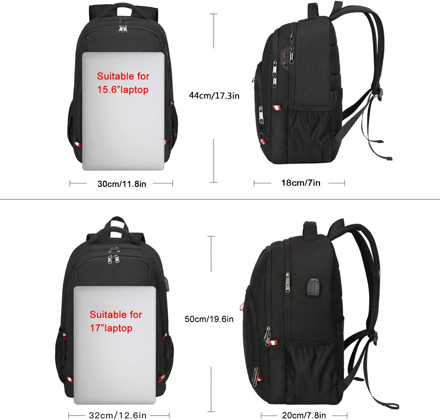Della Gao Travel Laptop Backpack, Black Backpack for Men and Women with USB Slit Business Computer Back Pack (Black, 15.6 Inch)