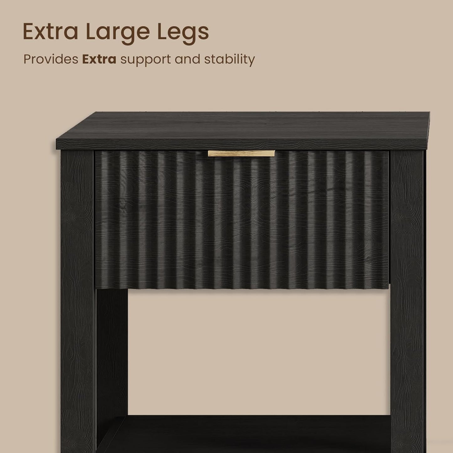 Fluted Night Stand with Golden Handle,Set of 2 Mid-Century Nightstands with Drawer, Bedside Table with Storage Shelf, Side Tables for Room,End Tables for Bedroom,Black Wood Grain