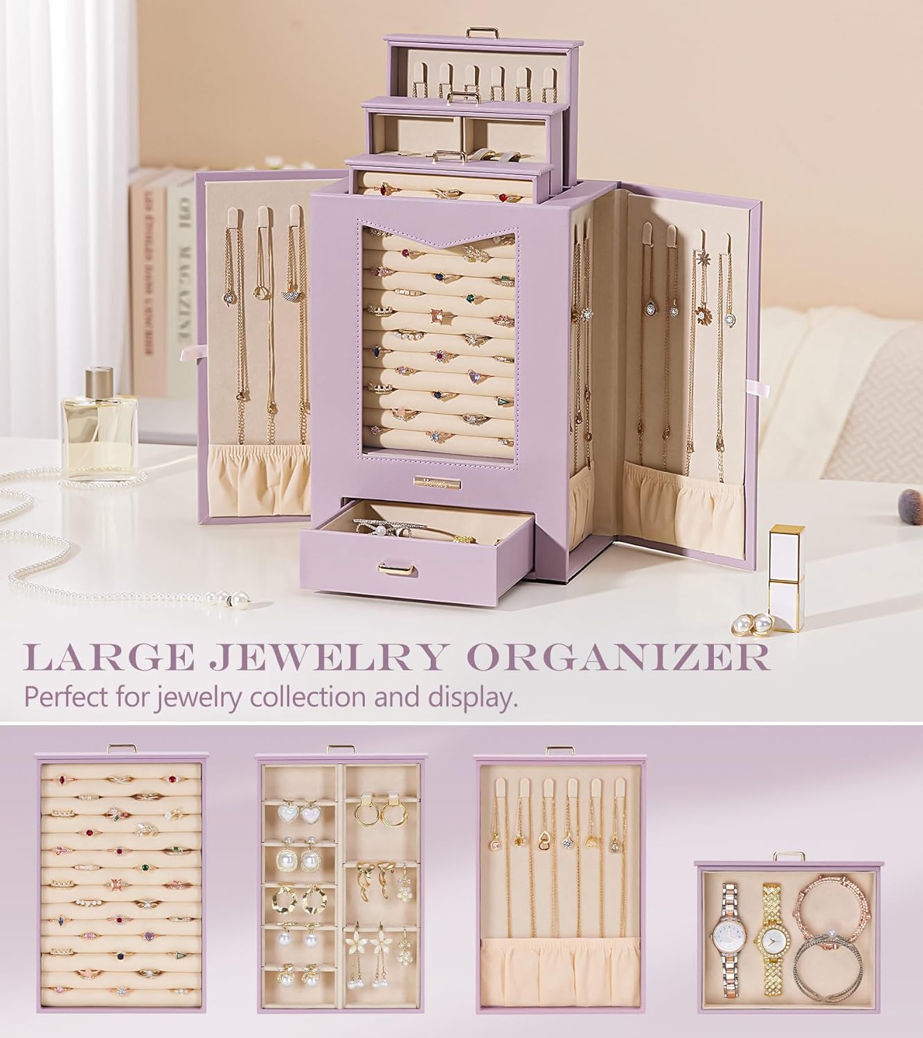 Homde Jewelry Organizer with Transparent Window Necklace Hooks Gift for Women Jewelry Box Display Case for Necklaces Rings Earrings Bracelets and Other Accessories (Grey Purple)